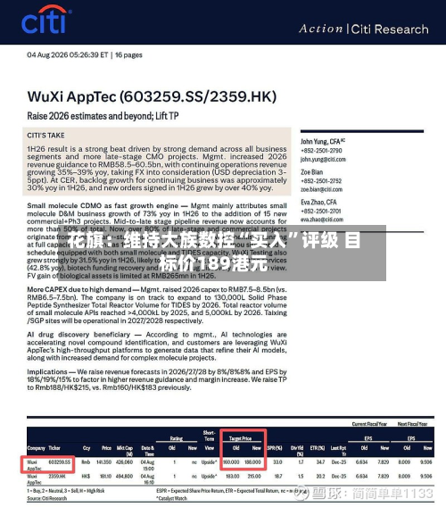花旗：维持大族数控“买入”评级 目标价189港元